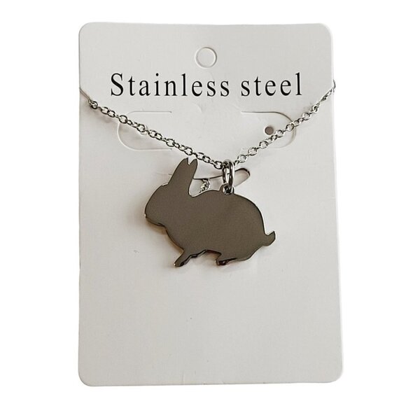Stainless Steel 18" Necklace Solid Polished Bunny Rabbit Pendant Engraveable NEW - Picture 1 of 4